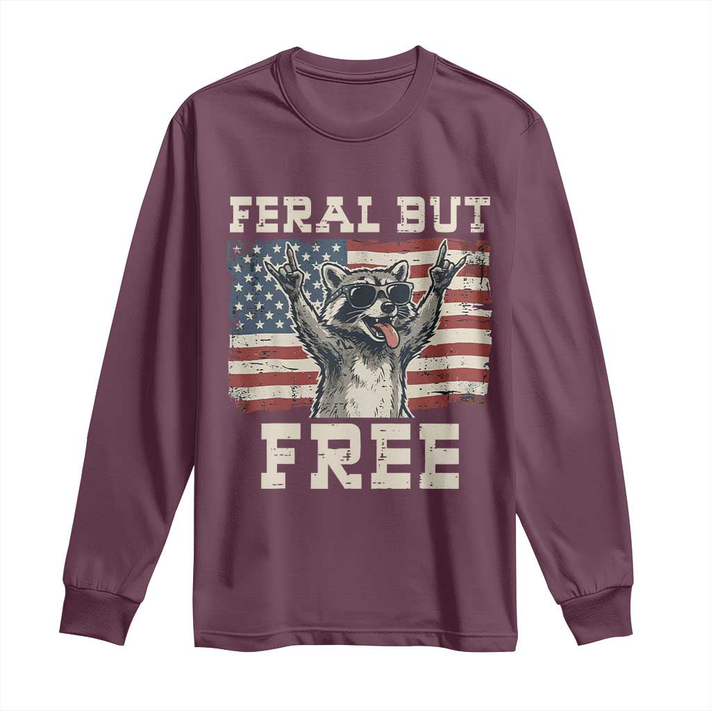 Feral But Free Funny Raccoon Patriotic Long Sleeve Shirt Cool American Flag Sunglasses Rock On Hand Signs Vintage USA Flag TS02 Maroon Print Your Wear