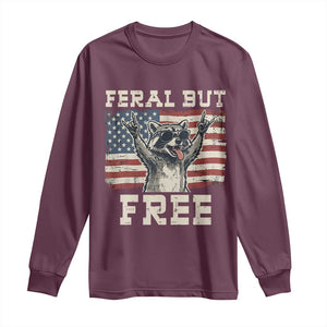 Feral But Free Funny Raccoon Patriotic Long Sleeve Shirt Cool American Flag Sunglasses Rock On Hand Signs Vintage USA Flag TS02 Maroon Print Your Wear
