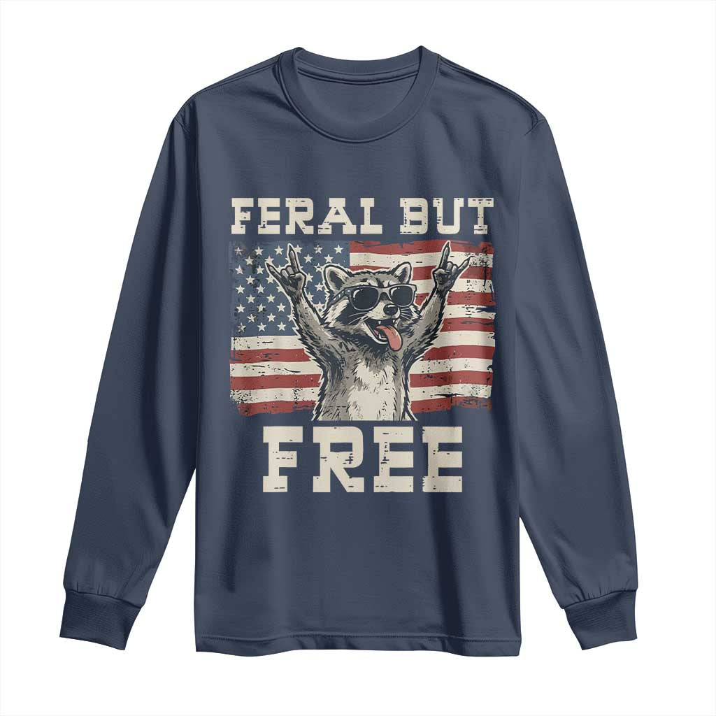 Feral But Free Funny Raccoon Patriotic Long Sleeve Shirt Cool American Flag Sunglasses Rock On Hand Signs Vintage USA Flag TS02 Navy Print Your Wear