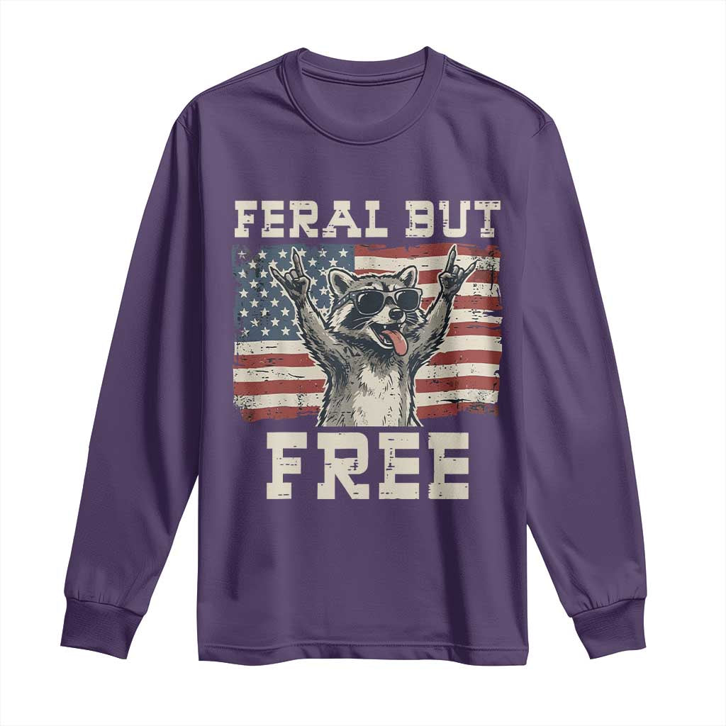 Feral But Free Funny Raccoon Patriotic Long Sleeve Shirt Cool American Flag Sunglasses Rock On Hand Signs Vintage USA Flag TS02 Purple Print Your Wear