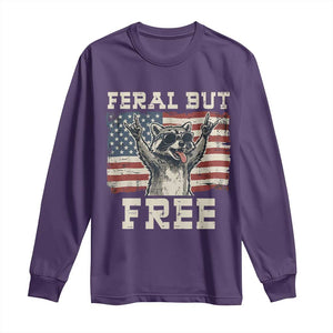 Feral But Free Funny Raccoon Patriotic Long Sleeve Shirt Cool American Flag Sunglasses Rock On Hand Signs Vintage USA Flag TS02 Purple Print Your Wear