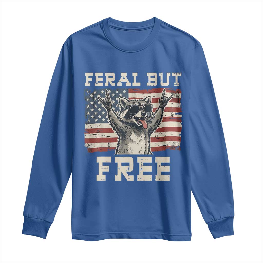 Feral But Free Funny Raccoon Patriotic Long Sleeve Shirt Cool American Flag Sunglasses Rock On Hand Signs Vintage USA Flag TS02 Royal Blue Print Your Wear