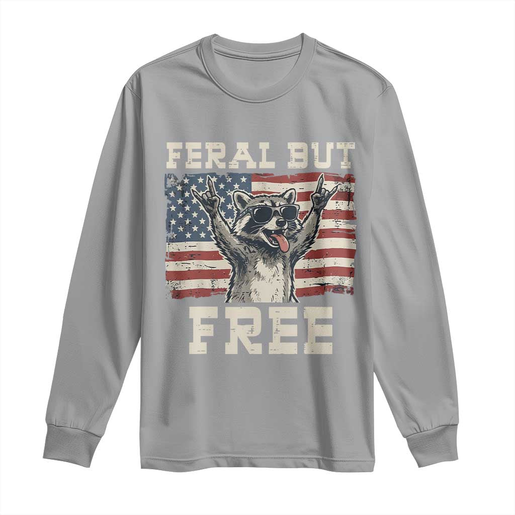 Feral But Free Funny Raccoon Patriotic Long Sleeve Shirt Cool American Flag Sunglasses Rock On Hand Signs Vintage USA Flag TS02 Sport Gray Print Your Wear