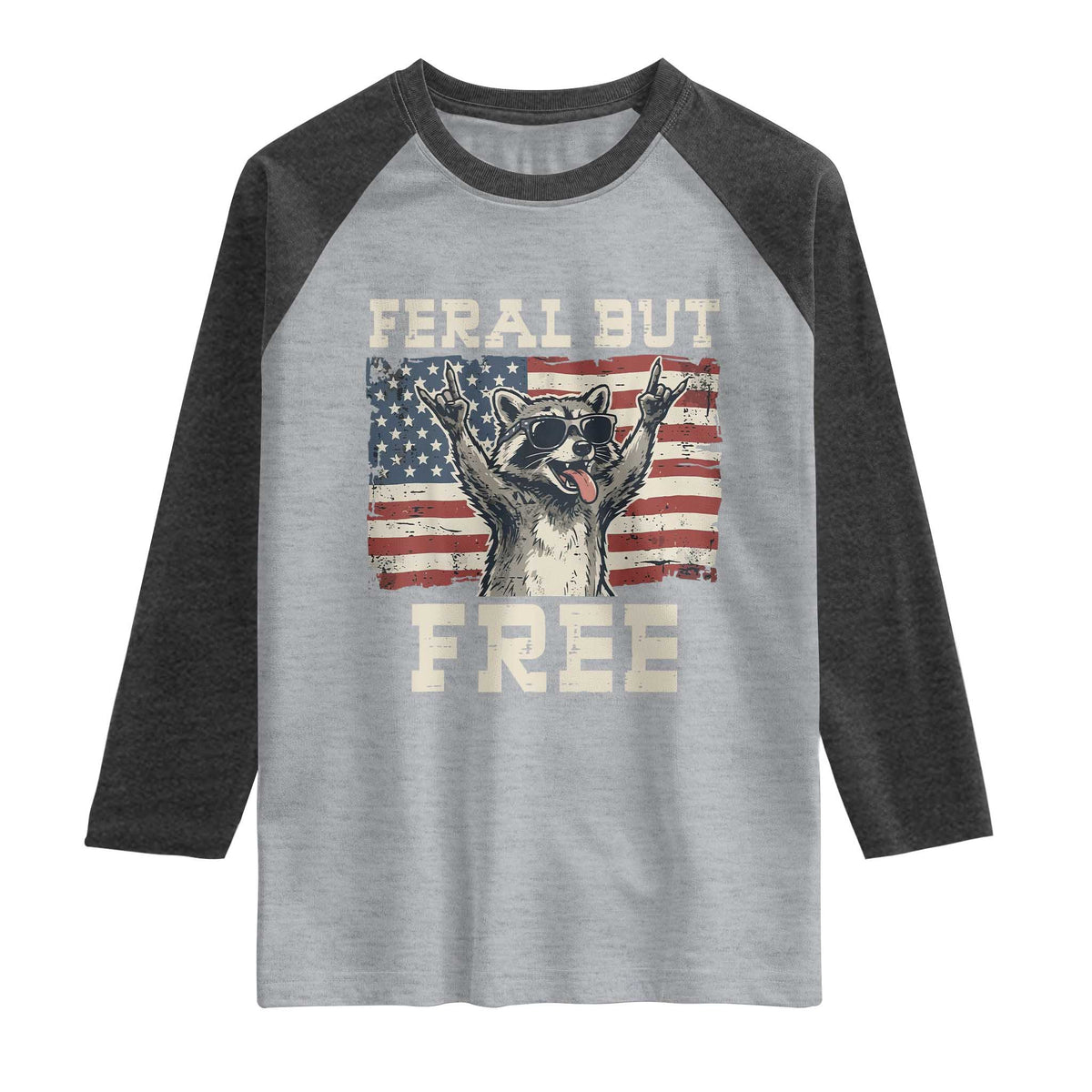 Feral But Free Funny Raccoon Patriotic Raglan Shirt Cool American Flag Sunglasses Rock On Hand Signs Vintage USA Flag TS02 Heather Gray Heather Charcoal Print Your Wear
