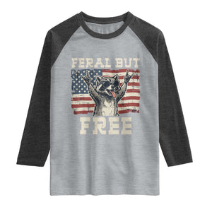 Feral But Free Funny Raccoon Patriotic Raglan Shirt Cool American Flag Sunglasses Rock On Hand Signs Vintage USA Flag TS02 Heather Gray Heather Charcoal Print Your Wear