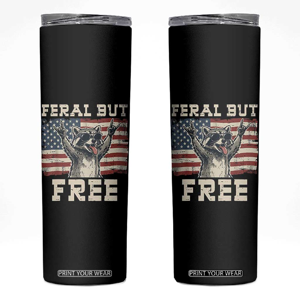 Feral But Free Funny Raccoon Patriotic Skinny Tumbler Cool American Flag Sunglasses Rock On Hand Signs Vintage USA Flag