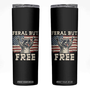Feral But Free Funny Raccoon Patriotic Skinny Tumbler Cool American Flag Sunglasses Rock On Hand Signs Vintage USA Flag