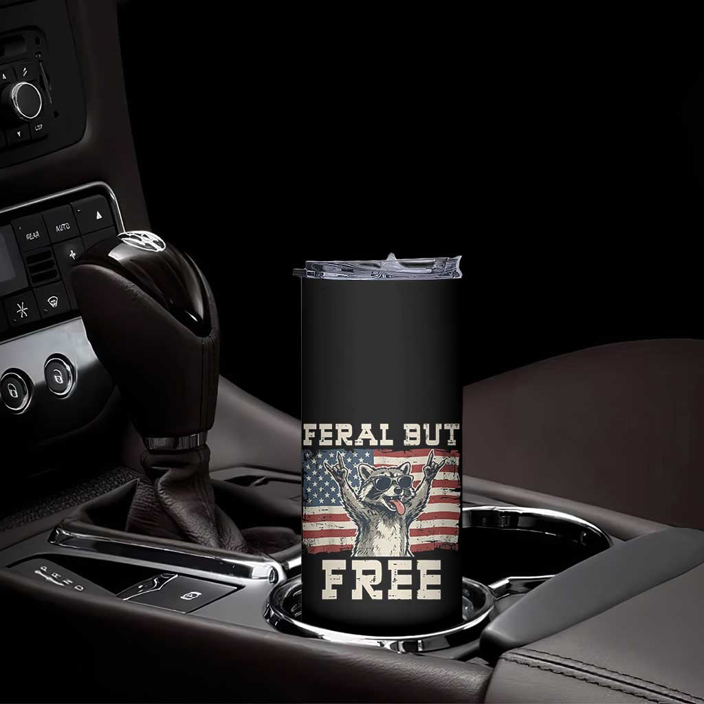 Feral But Free Funny Raccoon Patriotic Skinny Tumbler Cool American Flag Sunglasses Rock On Hand Signs Vintage USA Flag