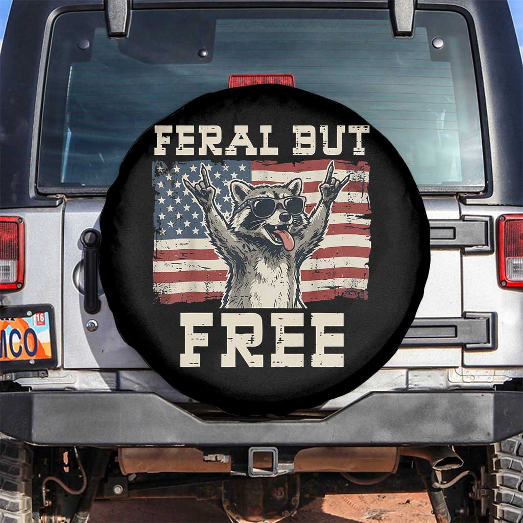 Feral But Free Funny Raccoon Patriotic Spare Tire Cover Cool American Flag Sunglasses Rock On Hand Signs Vintage USA Flag TS02 No hole Black Print Your Wear
