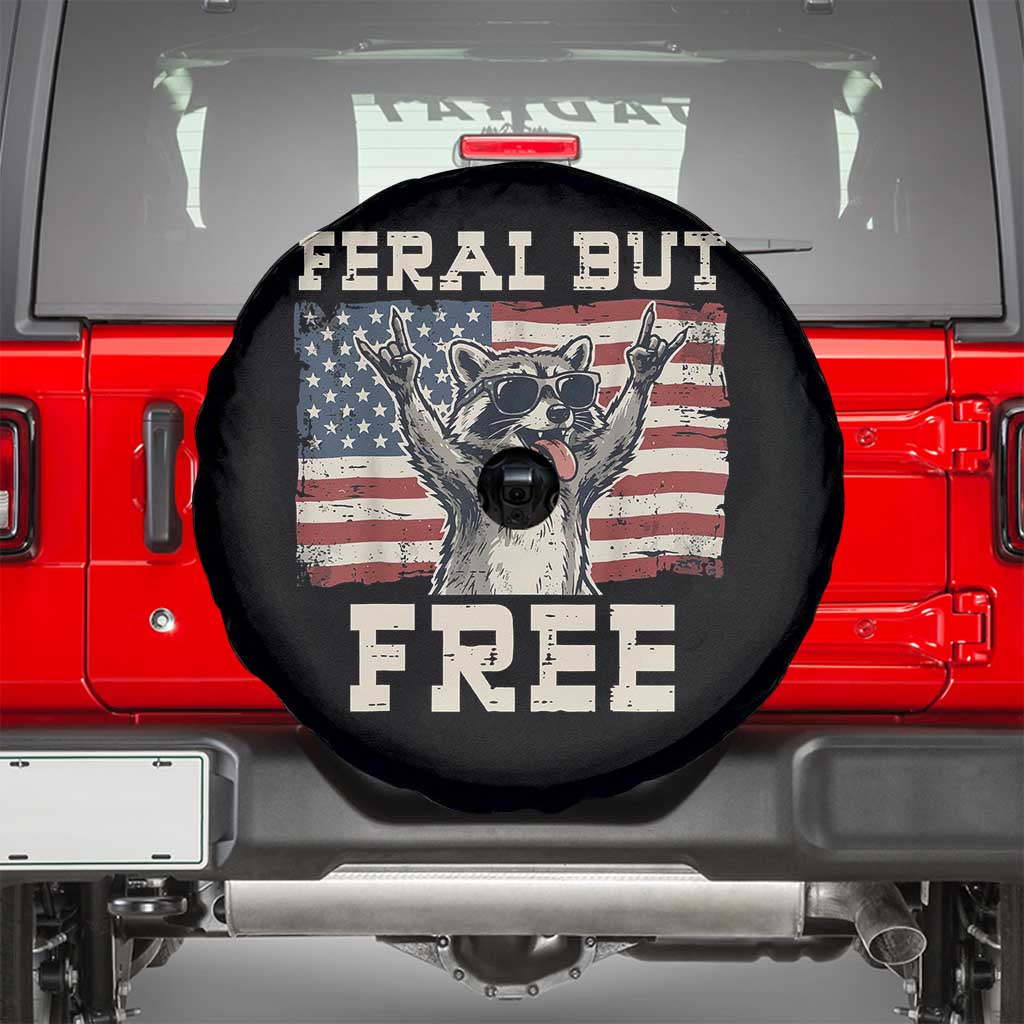 Feral But Free Funny Raccoon Patriotic Spare Tire Cover Cool American Flag Sunglasses Rock On Hand Signs Vintage USA Flag TS02 Black Print Your Wear