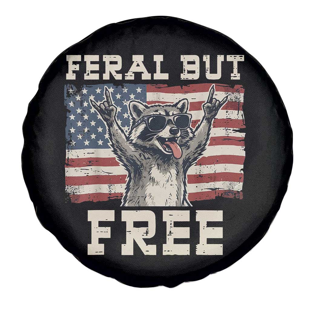 Feral But Free Funny Raccoon Patriotic Spare Tire Cover Cool American Flag Sunglasses Rock On Hand Signs Vintage USA Flag TS02 Print Your Wear
