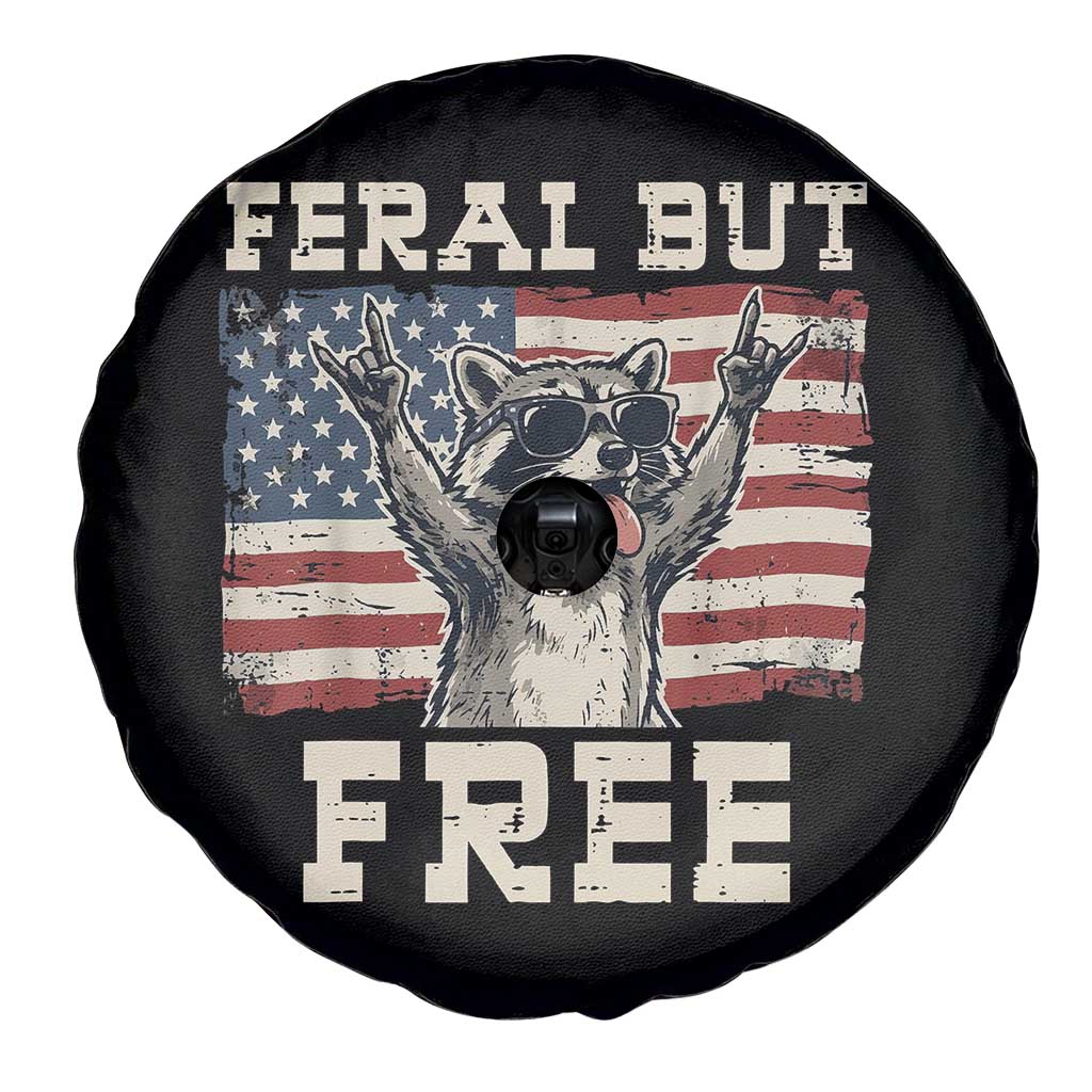 Feral But Free Funny Raccoon Patriotic Spare Tire Cover Cool American Flag Sunglasses Rock On Hand Signs Vintage USA Flag TS02 Print Your Wear