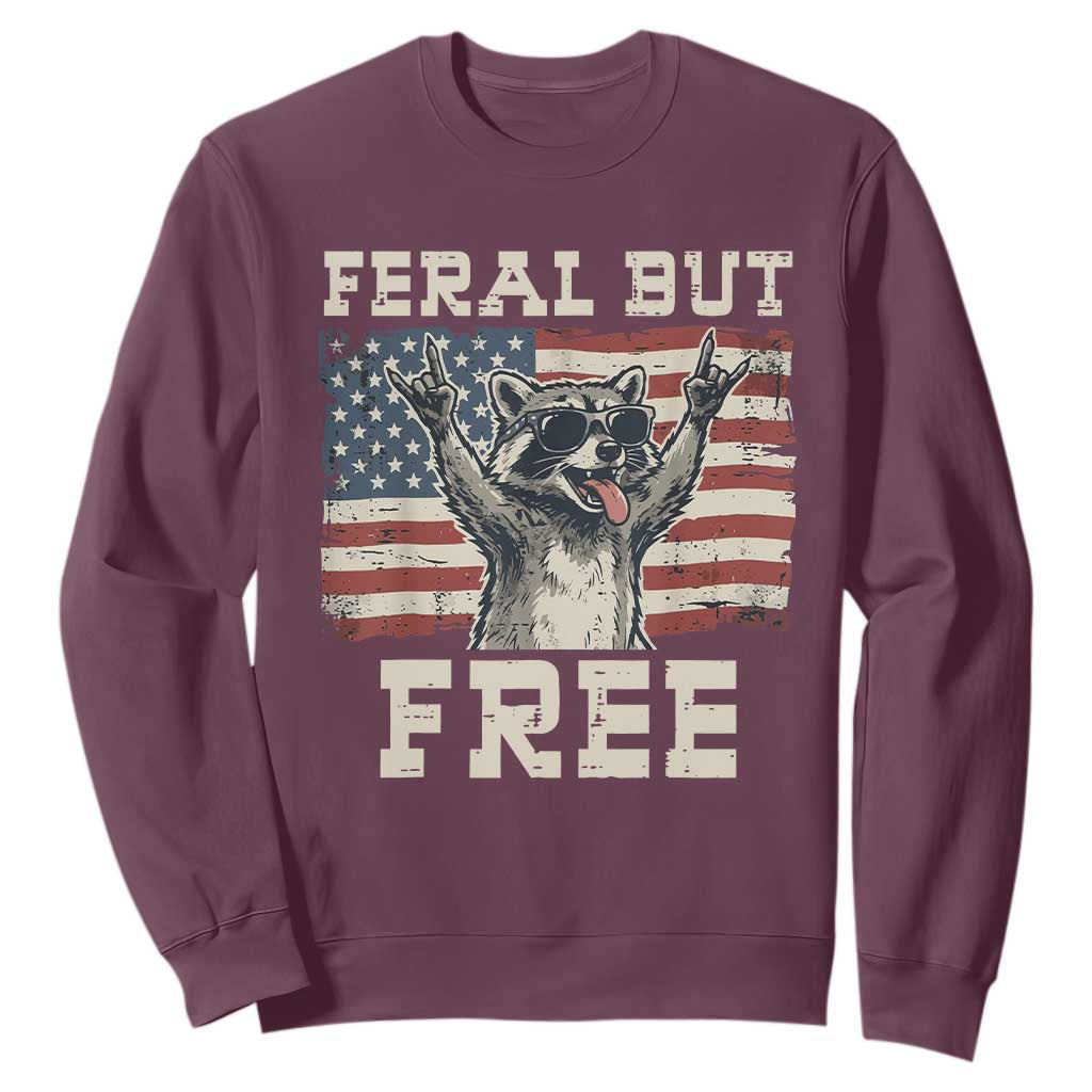 Feral But Free Funny Raccoon Patriotic Sweatshirt Cool American Flag Sunglasses Rock On Hand Signs Vintage USA Flag TS02 Maroon Print Your Wear
