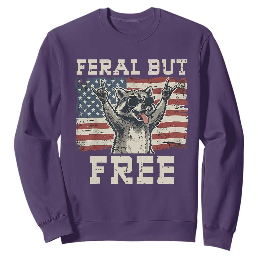 Feral But Free Funny Raccoon Patriotic Sweatshirt Cool American Flag Sunglasses Rock On Hand Signs Vintage USA Flag TS02 Purple Print Your Wear