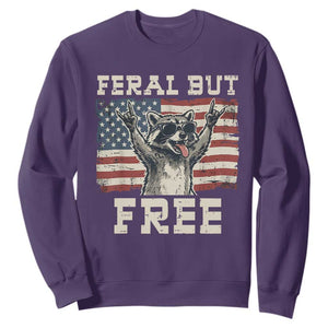 Feral But Free Funny Raccoon Patriotic Sweatshirt Cool American Flag Sunglasses Rock On Hand Signs Vintage USA Flag TS02 Purple Print Your Wear