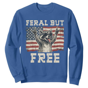 Feral But Free Funny Raccoon Patriotic Sweatshirt Cool American Flag Sunglasses Rock On Hand Signs Vintage USA Flag TS02 Royal Blue Print Your Wear