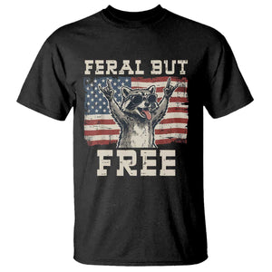 Feral But Free Funny Raccoon Patriotic T Shirt Cool American Flag Sunglasses Rock On Hand Signs Vintage USA Flag TS02 Black Print Your Wear