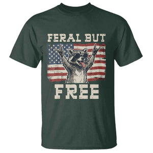 Feral But Free Funny Raccoon Patriotic T Shirt Cool American Flag Sunglasses Rock On Hand Signs Vintage USA Flag TS02 Dark Forest Green Print Your Wear