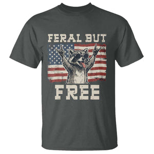 Feral But Free Funny Raccoon Patriotic T Shirt Cool American Flag Sunglasses Rock On Hand Signs Vintage USA Flag TS02 Dark Heather Print Your Wear