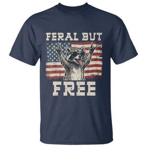 Feral But Free Funny Raccoon Patriotic T Shirt Cool American Flag Sunglasses Rock On Hand Signs Vintage USA Flag TS02 Navy Print Your Wear