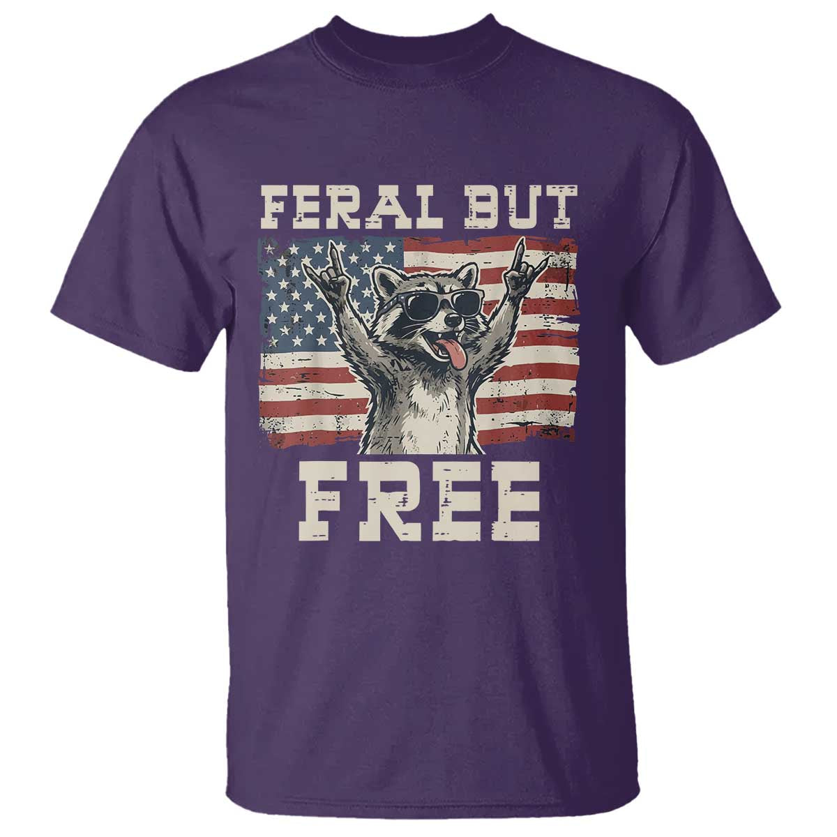 Feral But Free Funny Raccoon Patriotic T Shirt Cool American Flag Sunglasses Rock On Hand Signs Vintage USA Flag TS02 Purple Print Your Wear