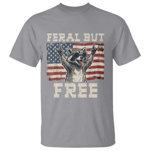 Feral But Free Funny Raccoon Patriotic T Shirt Cool American Flag Sunglasses Rock On Hand Signs Vintage USA Flag TS02 Sport Gray Print Your Wear