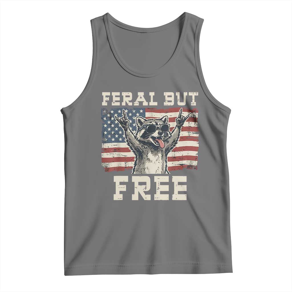 Feral But Free Funny Raccoon Patriotic Tank Top Cool American Flag Sunglasses Rock On Hand Signs Vintage USA Flag TS02 Black Heather Print Your Wear