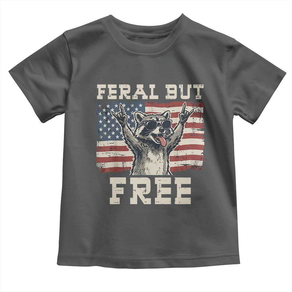 Feral But Free Funny Raccoon Patriotic Toddler T Shirt Cool American Flag Sunglasses Rock On Hand Signs Vintage USA Flag TS02 Dark Heather Print Your Wear