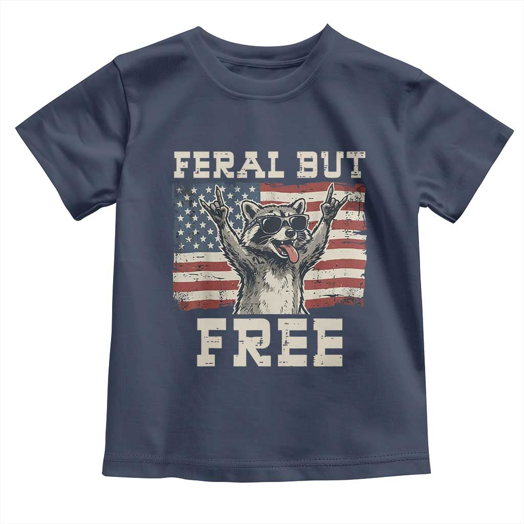Feral But Free Funny Raccoon Patriotic Toddler T Shirt Cool American Flag Sunglasses Rock On Hand Signs Vintage USA Flag TS02 Navy Print Your Wear