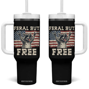Feral But Free Funny Raccoon Patriotic Tumbler With Handle Cool American Flag Sunglasses Rock On Hand Signs Vintage USA Flag TS02 One Size: 40 oz Black Print Your Wear