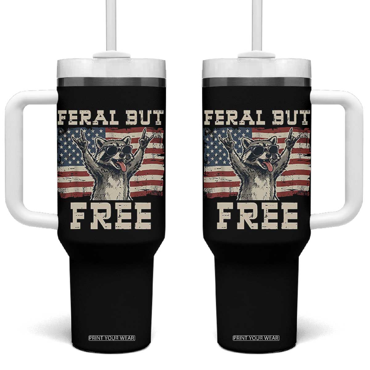Feral But Free Funny Raccoon Patriotic Tumbler With Handle Cool American Flag Sunglasses Rock On Hand Signs Vintage USA Flag TS02 One Size: 40 oz Black Print Your Wear