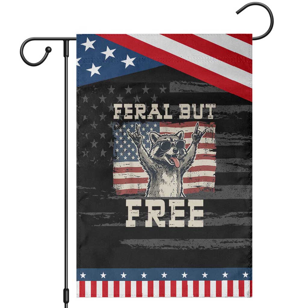Feral But Free Funny Raccoon Patriotic Garden Flag Cool American Flag Sunglasses Rock On Hand Signs Vintage USA Flag