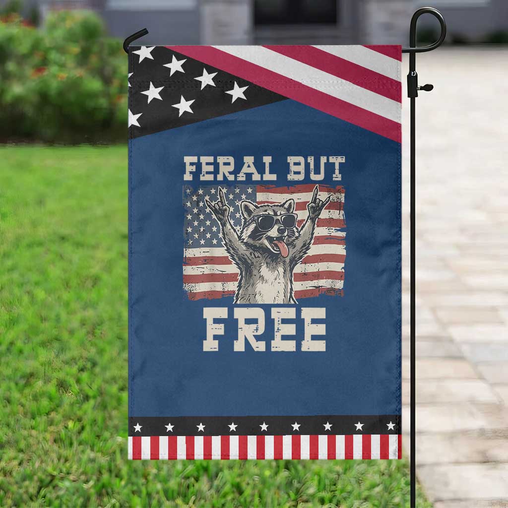 Feral But Free Funny Raccoon Patriotic Garden Flag Cool American Flag Sunglasses Rock On Hand Signs Vintage USA Flag