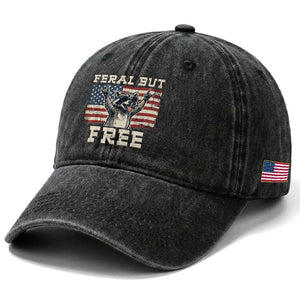 Feral But Free Funny Raccoon Patriotic Washed Cotton Baseball Cap Cool American Flag Sunglasses Rock On Hand Signs Vintage USA Flag TS02 Print Your Wear
