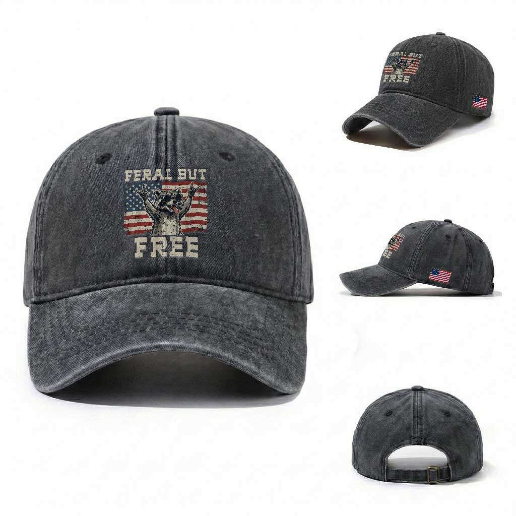 Feral But Free Funny Raccoon Patriotic Washed Cotton Baseball Cap Cool American Flag Sunglasses Rock On Hand Signs Vintage USA Flag TS02 Washed Cap Universal Fit Dark Gray Print Your Wear