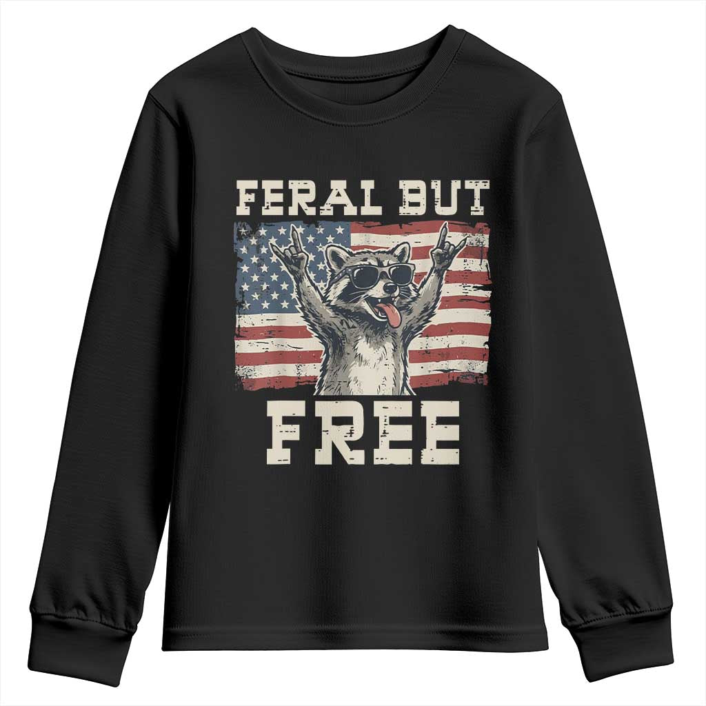 Feral But Free Funny Raccoon Patriotic Youth Sweatshirt Cool American Flag Sunglasses Rock On Hand Signs Vintage USA Flag TS02 Black Print Your Wear