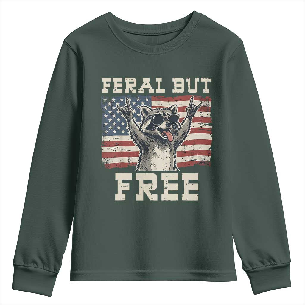 Feral But Free Funny Raccoon Patriotic Youth Sweatshirt Cool American Flag Sunglasses Rock On Hand Signs Vintage USA Flag TS02 Dark Forest Green Print Your Wear