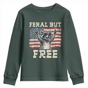 Feral But Free Funny Raccoon Patriotic Youth Sweatshirt Cool American Flag Sunglasses Rock On Hand Signs Vintage USA Flag TS02 Dark Forest Green Print Your Wear