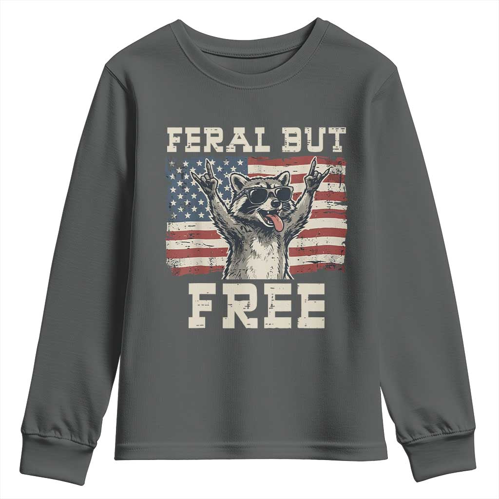 Feral But Free Funny Raccoon Patriotic Youth Sweatshirt Cool American Flag Sunglasses Rock On Hand Signs Vintage USA Flag TS02 Dark Heather Print Your Wear