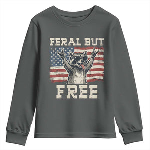 Feral But Free Funny Raccoon Patriotic Youth Sweatshirt Cool American Flag Sunglasses Rock On Hand Signs Vintage USA Flag TS02 Dark Heather Print Your Wear