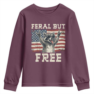 Feral But Free Funny Raccoon Patriotic Youth Sweatshirt Cool American Flag Sunglasses Rock On Hand Signs Vintage USA Flag TS02 Maroon Print Your Wear