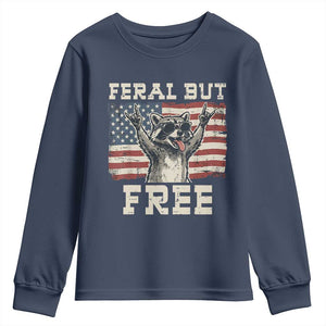 Feral But Free Funny Raccoon Patriotic Youth Sweatshirt Cool American Flag Sunglasses Rock On Hand Signs Vintage USA Flag TS02 Navy Print Your Wear