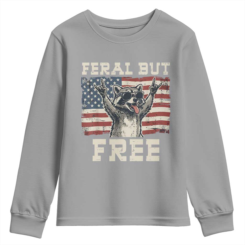 Feral But Free Funny Raccoon Patriotic Youth Sweatshirt Cool American Flag Sunglasses Rock On Hand Signs Vintage USA Flag TS02 Sport Gray Print Your Wear