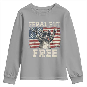 Feral But Free Funny Raccoon Patriotic Youth Sweatshirt Cool American Flag Sunglasses Rock On Hand Signs Vintage USA Flag TS02 Sport Gray Print Your Wear
