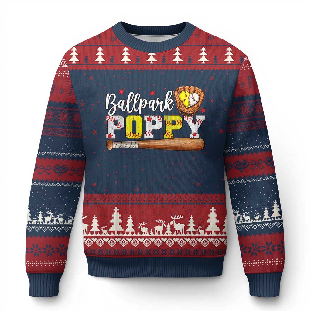 Ballpark Poppy Baseball and Softball Grandpa Ugly Christmas Sweater Sports Grandfather Game Day Birthday Gifts TS02 Navy Red Print Your Wear