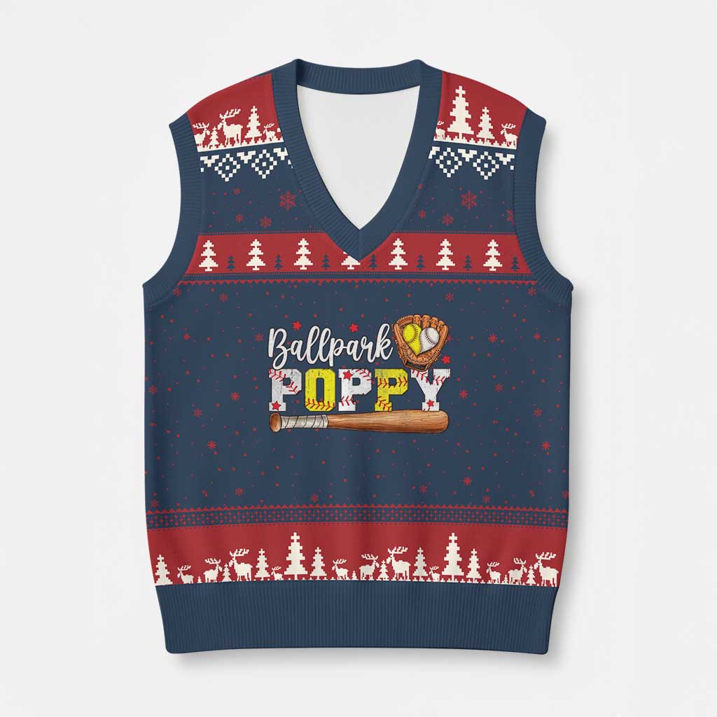 Ballpark Poppy Baseball and Softball Grandpa V-Neck Knit Sweater Vest Sports Grandfather Game Day Birthday Gifts