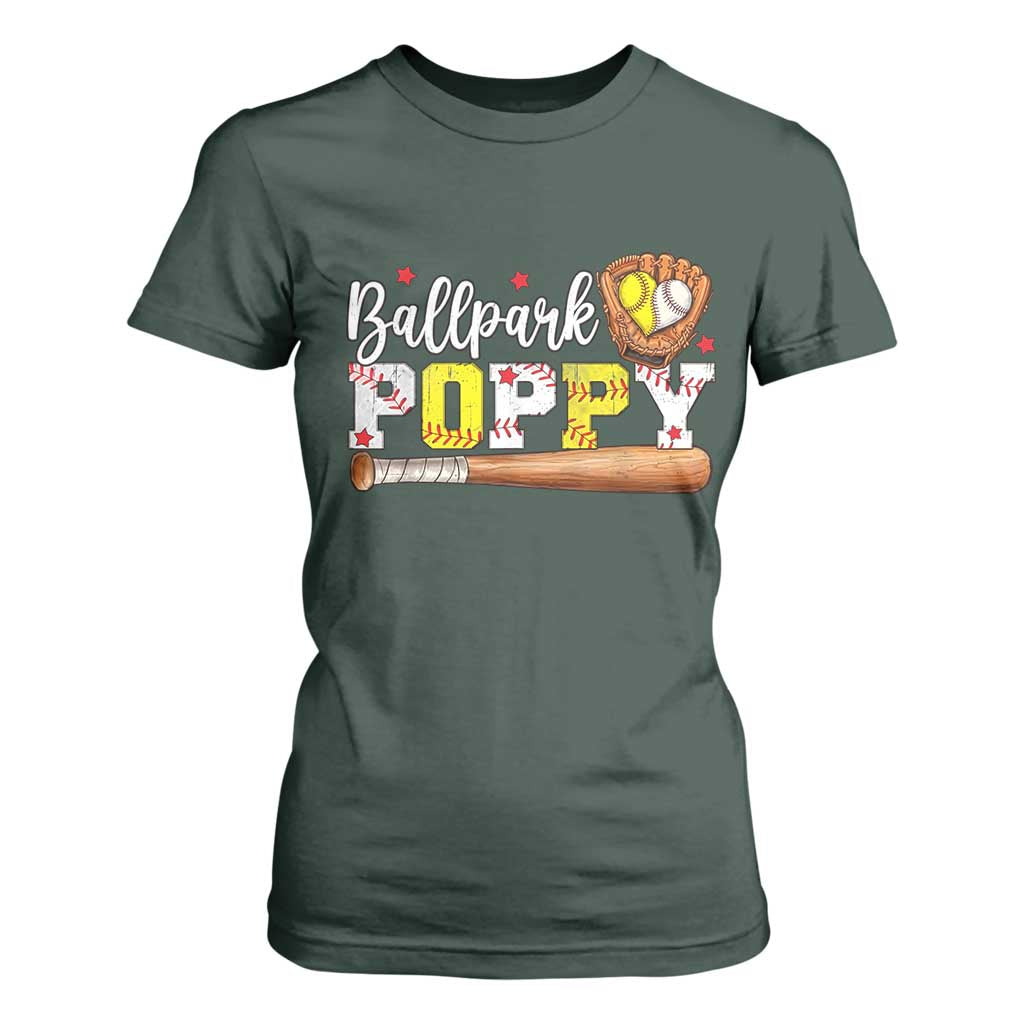 Ballpark Poppy Baseball and Softball Grandpa T Shirt For Women Sports Grandfather Game Day Birthday Gifts
