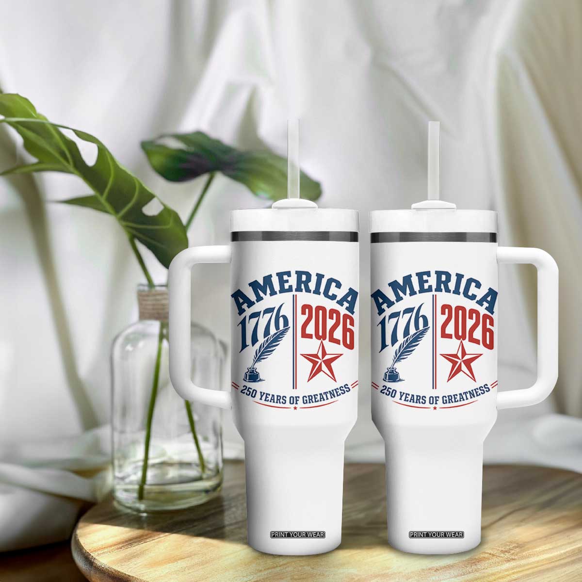 America 250 Years of Greatness Patriotic Tumbler With Handle Vintage 1776 to 2026 Quill and Star Semiquincentennial TS02 Print Your Wear