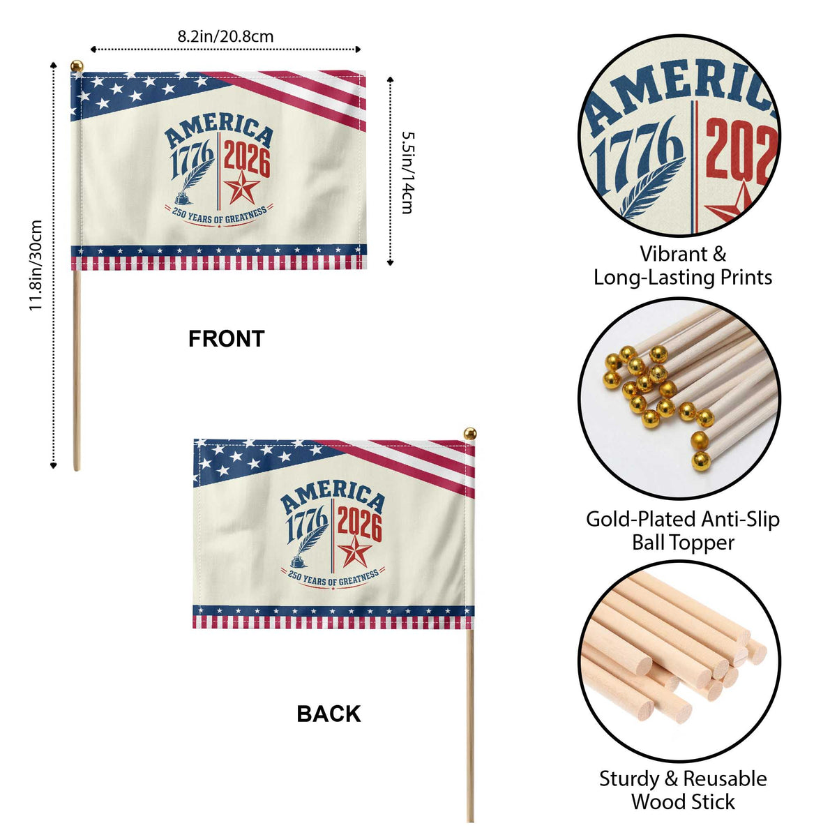 America 250 Years of Greatness Patriotic Handheld Flag Vintage 1776 to 2026 Quill and Star Semiquincentennial
