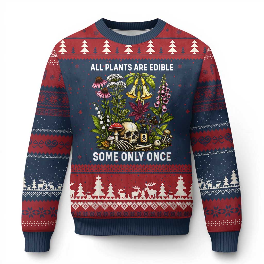 Funny Botanical Foraging Skull Dark Humor Ugly Christmas Sweater All Plants Are Edible Some Only Once Botany Cottagecore TS02 Navy Red Print Your Wear